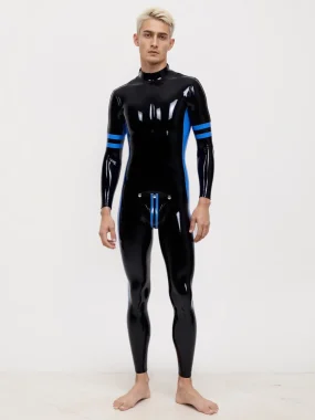 Black Latex Bodysuit with Blue Trim For Men