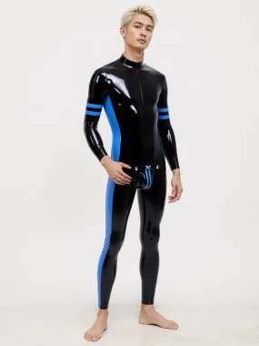Black Latex Bodysuit with Blue Trim For Men