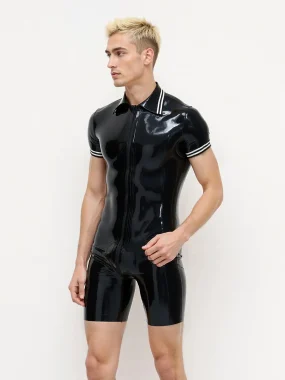 Black Latex Short Sleeve Polo-Style Bodysuit with White Trim