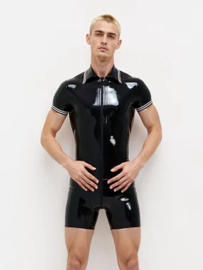 Black Latex Short Sleeve Polo-Style Bodysuit with White Trim