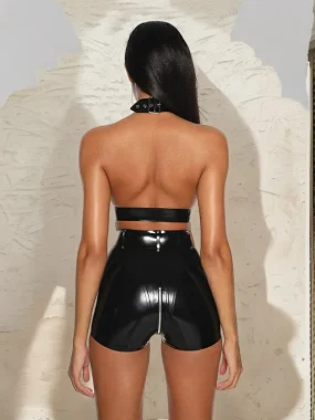 Black Latex Buckle Crop Top