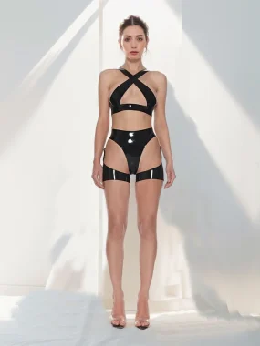 Black Latex Cross Strap BDSM Set with Cut-Out Waist