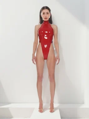 Red High Cut Latex Bodysuit