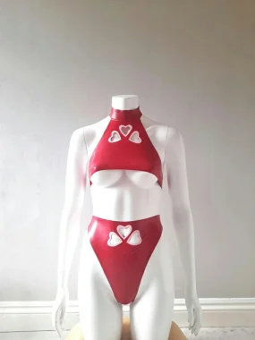 Red Latex Set with Heart Cutouts include Top and Bottom