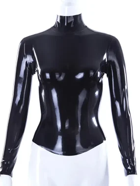 Black Glossy Latex Long Sleeve Fitted Top