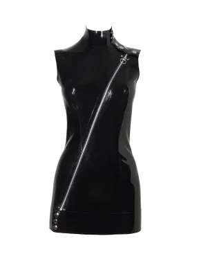 Black Sleeveless Latex Dress with Side Zipper