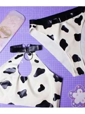 Cow Print Latex Bra & Bikini Set