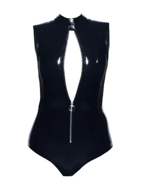 Black Latex Bodysuit with Zip Front Cutout