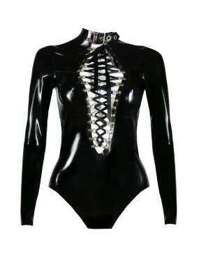 Black Latex Bodysuit with Lace-Up Front