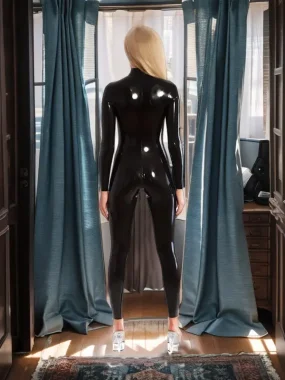 Latex Double Slider Crotch Zipper Neck Entry Catsuit