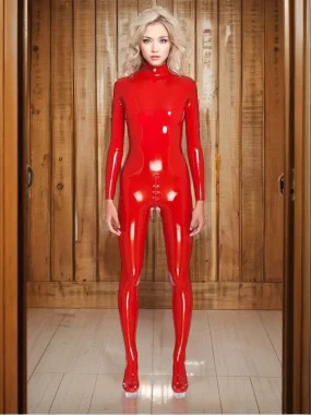 Latex Cups Catsuit With Crotch Double-Slider Zipper And Two Shoulders Zippers
