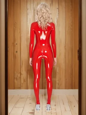 Latex Cups Catsuit With Crotch Double-Slider Zipper And Two Shoulders Zippers