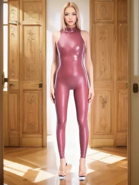 Latex Back Zipper Sleeveless Catsuit