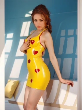 Yellow Latex Mini Dress with Red Heart Prints
