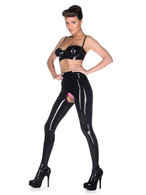 Latex Black High Waist Open Crotch Leggings