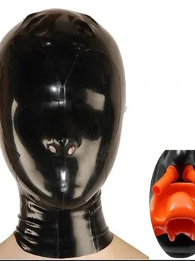 Latex Full Face Fetish Hood with Nasal Tubes and Red Teeth Gag