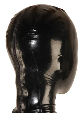 Latex Full Face Fetish Hood with Nasal Tubes and Red Teeth Gag