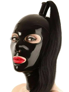Black Latex Hood with Ponytail Hole