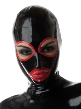 Black Latex Hood Big Eyes with Red Trim