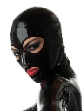 Black Latex Hood Big Eyes with Red Trim