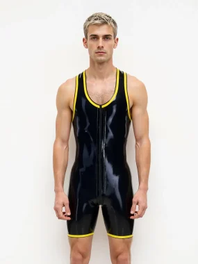 Black Latex Wrestling Singlet with Yellow Trim