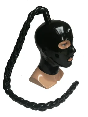 Latex mask with roll mouth, tube and braid.