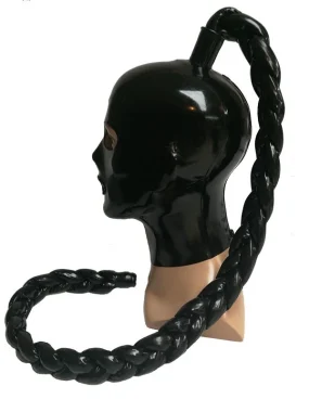 Latex mask with roll mouth, tube and braid.