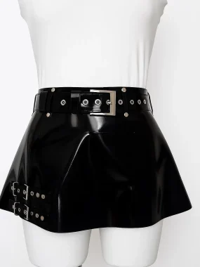 Latex A-Line Mini Skirt with Waist Belt & Dual Side Buckle Detail