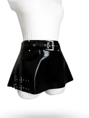 Latex A-Line Mini Skirt with Waist Belt & Dual Side Buckle Detail