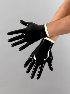 Latex wrist gloves with trim.