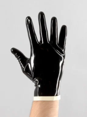 Latex wrist gloves with trim.
