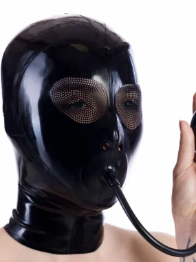 Latex hood with micro perforations and inflatable gag