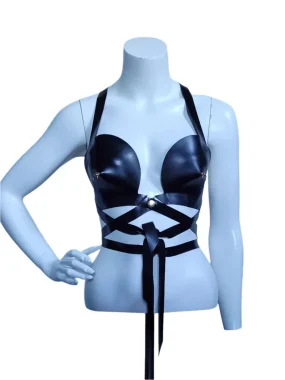 Latex Black Halter Lace-Up Bustier Top